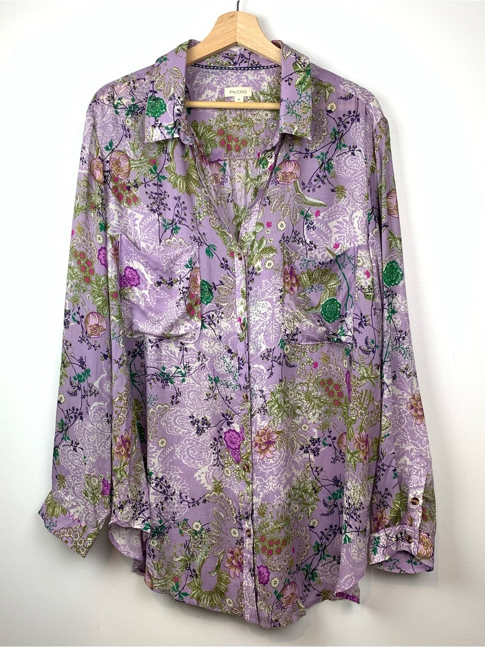 Pilcro Floral Blouse Anthropologie Flowers Sz XL Modal Oversized Purple Buttons